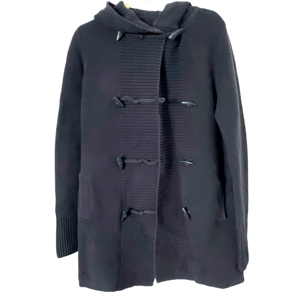Lands End Navy Blue 100% Cotton Toggle Closure Hooded Cardigan‎ Sweater Jacket M